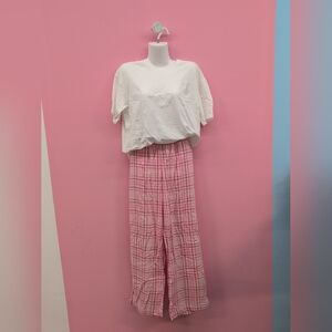 Victoria's Secret Flannel Short Sleeve Long Tee Jama Set Small White Pink Plaid